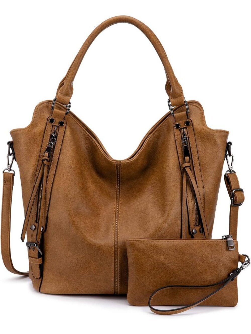 Women's Tan PU Leather Tote Large Hobo Shoulder Purse Adjustable Handbag